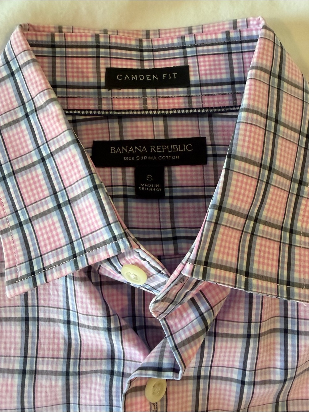 Banana Republic Camden Fit Pink, blue, gray and white Plaid Dress Shirt